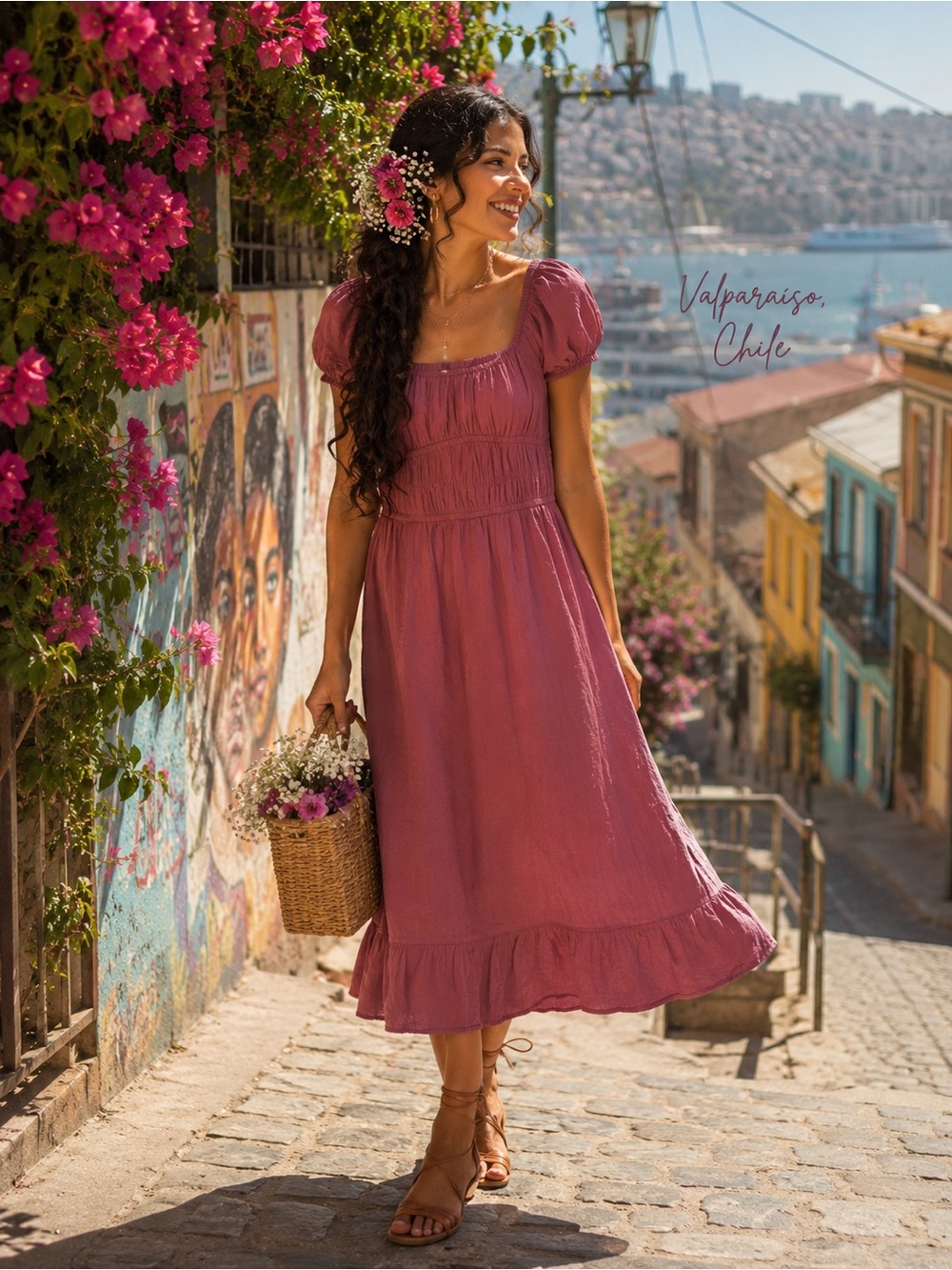 SIM and Sam Dusty Rose Puff Sleeve Midi Dress | Size Small